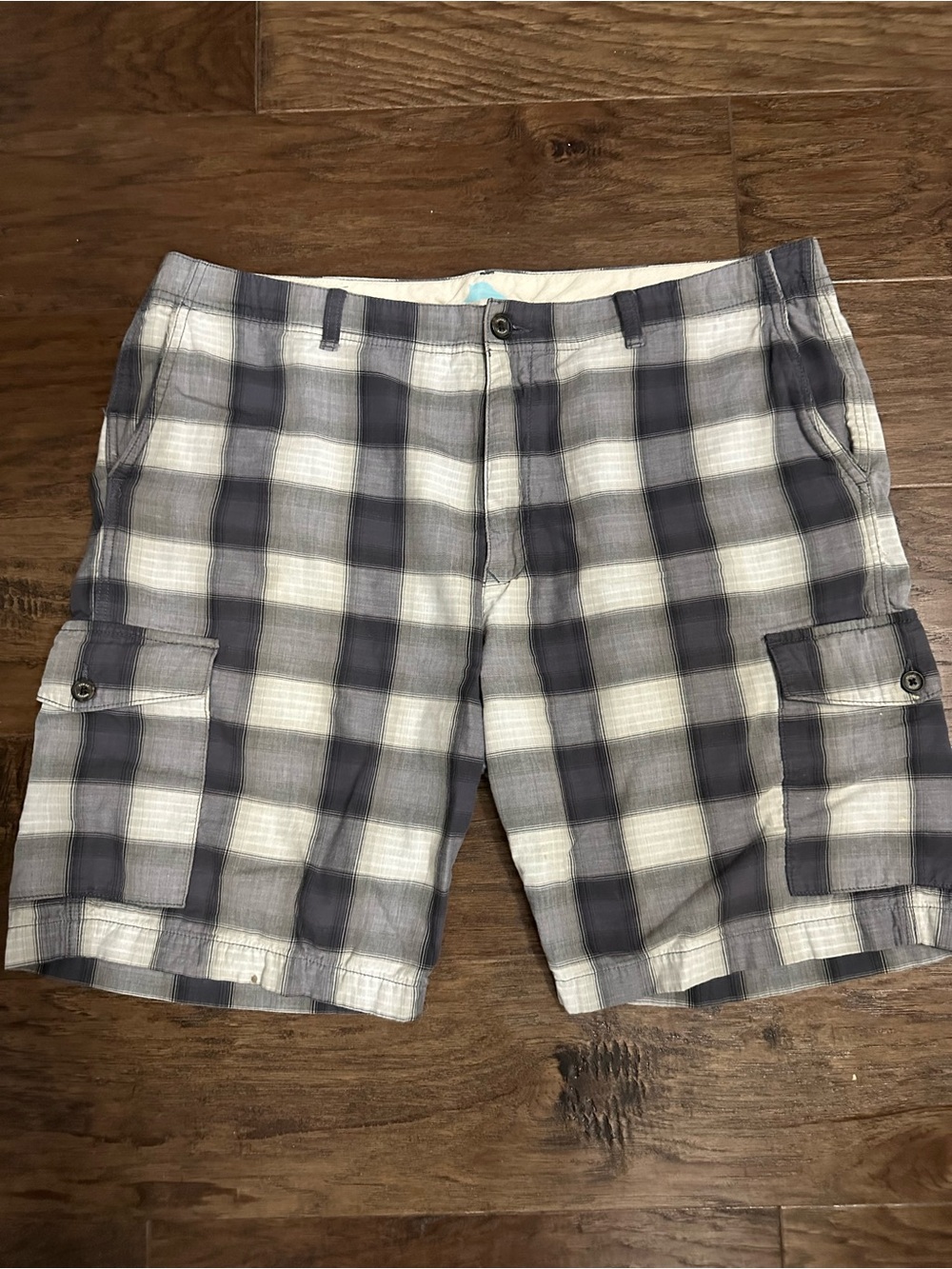Tommy Bahama Charcoal Gray and White Plaid Cargo Shorts